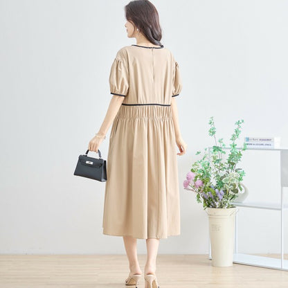 【M〜L】配色パイピングバルーンスリーブワンピース（N82-314）｜ふんわり袖×楽ちんナイロンストレッチ