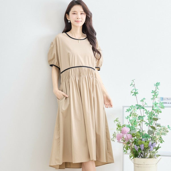 【M〜L】配色パイピングバルーンスリーブワンピース（N82-314）｜ふんわり袖×楽ちんナイロンストレッチ