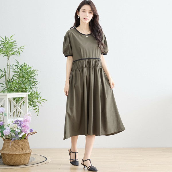 【M〜L】配色パイピングバルーンスリーブワンピース（N82-314）｜ふんわり袖×楽ちんナイロンストレッチ
