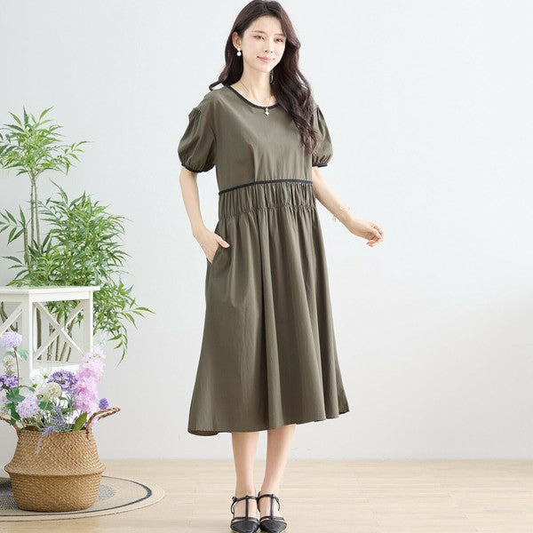 【M〜L】配色パイピングバルーンスリーブワンピース（N82-314）｜ふんわり袖×楽ちんナイロンストレッチ