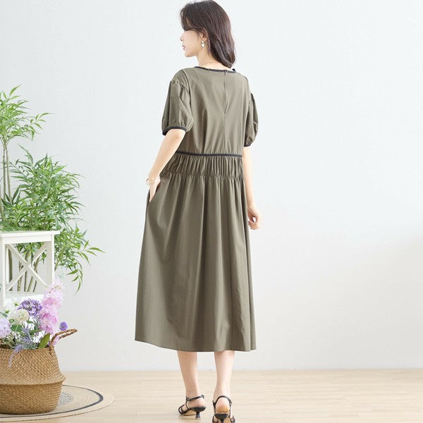 【M〜L】配色パイピングバルーンスリーブワンピース（N82-314）｜ふんわり袖×楽ちんナイロンストレッチ