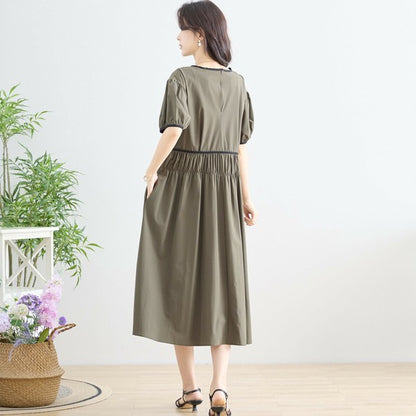【M〜L】配色パイピングバルーンスリーブワンピース（N82-314）｜ふんわり袖×楽ちんナイロンストレッチ