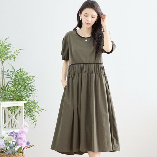 【M〜L】配色パイピングバルーンスリーブワンピース（N82-314）｜ふんわり袖×楽ちんナイロンストレッチ