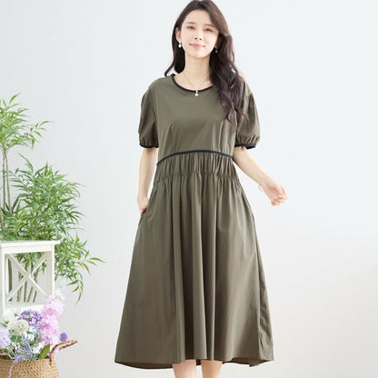 【M〜L】配色パイピングバルーンスリーブワンピース（N82-314）｜ふんわり袖×楽ちんナイロンストレッチ