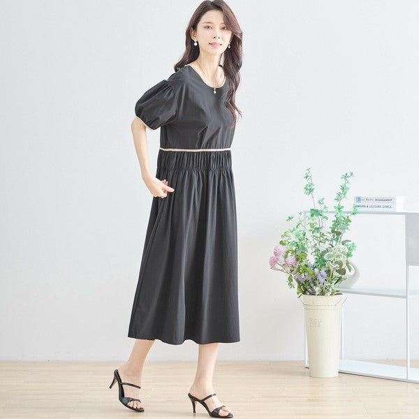 【M〜L】配色パイピングバルーンスリーブワンピース（N82-314）｜ふんわり袖×楽ちんナイロンストレッチ