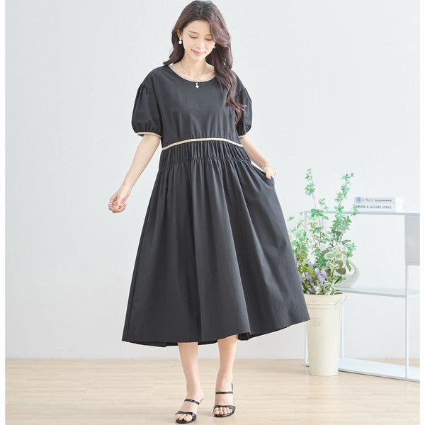 【M〜L】配色パイピングバルーンスリーブワンピース（N82-314）｜ふんわり袖×楽ちんナイロンストレッチ