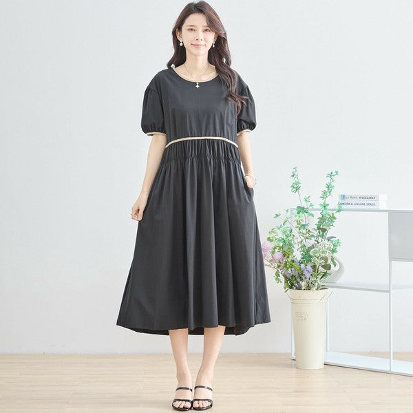 【M〜L】配色パイピングバルーンスリーブワンピース（N82-314）｜ふんわり袖×楽ちんナイロンストレッチ