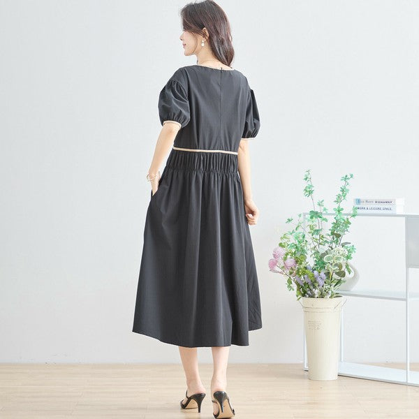 【M〜L】配色パイピングバルーンスリーブワンピース（N82-314）｜ふんわり袖×楽ちんナイロンストレッチ