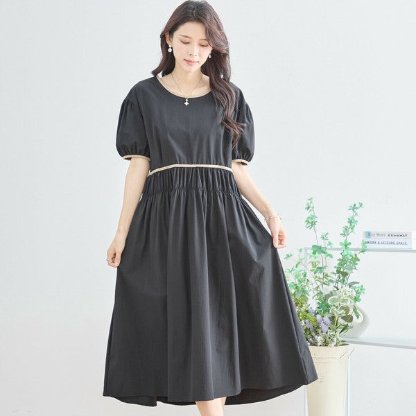 【M〜L】配色パイピングバルーンスリーブワンピース（N82-314）｜ふんわり袖×楽ちんナイロンストレッチ