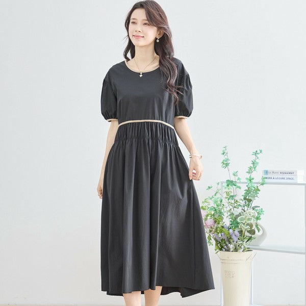 【M〜L】配色パイピングバルーンスリーブワンピース（N82-314）｜ふんわり袖×楽ちんナイロンストレッチ