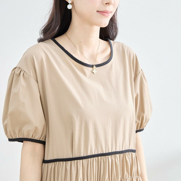 【M〜L】配色パイピングバルーンスリーブワンピース（N82-314）｜ふんわり袖×楽ちんナイロンストレッチ