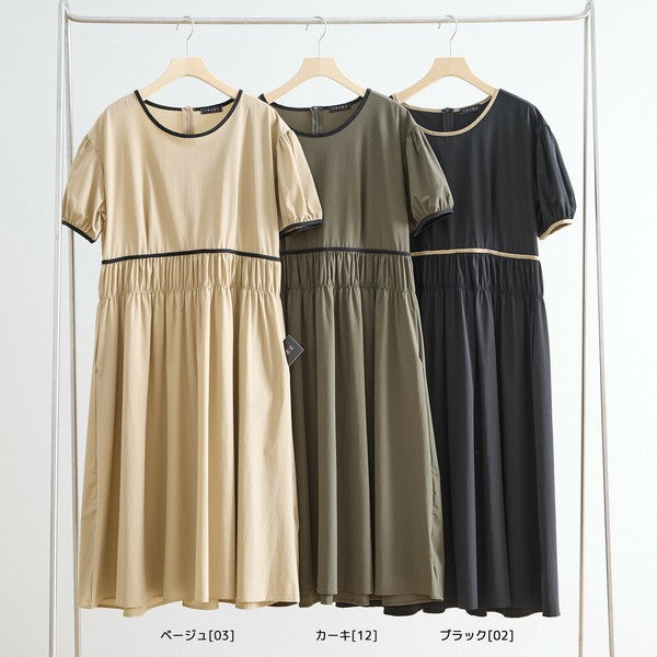 【M〜L】配色パイピングバルーンスリーブワンピース（N82-314）｜ふんわり袖×楽ちんナイロンストレッチ