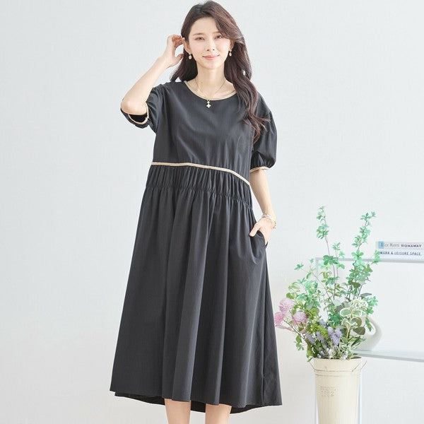 【M〜L】配色パイピングバルーンスリーブワンピース（N82-314）｜ふんわり袖×楽ちんナイロンストレッチ