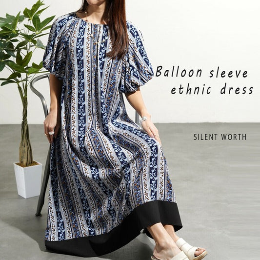 【M】エスニック柄バルーン袖ワンピース｜小花ストライプ・レーヨン素材・リラックスシルエット・SILENT WORTH C-3338