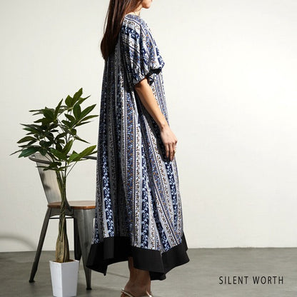 【M】エスニック柄バルーン袖ワンピース｜小花ストライプ・レーヨン素材・リラックスシルエット・SILENT WORTH C-3338