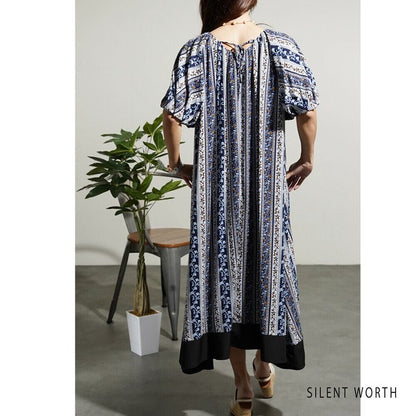 【M】エスニック柄バルーン袖ワンピース｜小花ストライプ・レーヨン素材・リラックスシルエット・SILENT WORTH C-3338