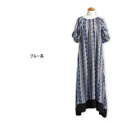 【M】エスニック柄バルーン袖ワンピース｜小花ストライプ・レーヨン素材・リラックスシルエット・SILENT WORTH C-3338