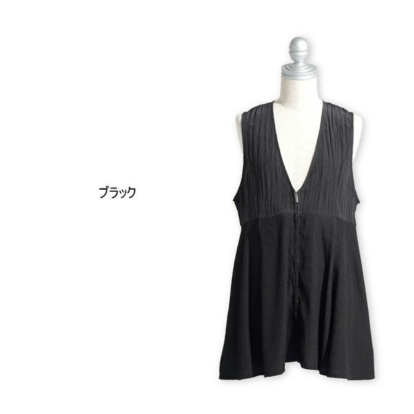 【Mサイズ】バイカラー異素材切替ジャカードジレ｜軽やかAライン・夏秋レイヤード・C-3352