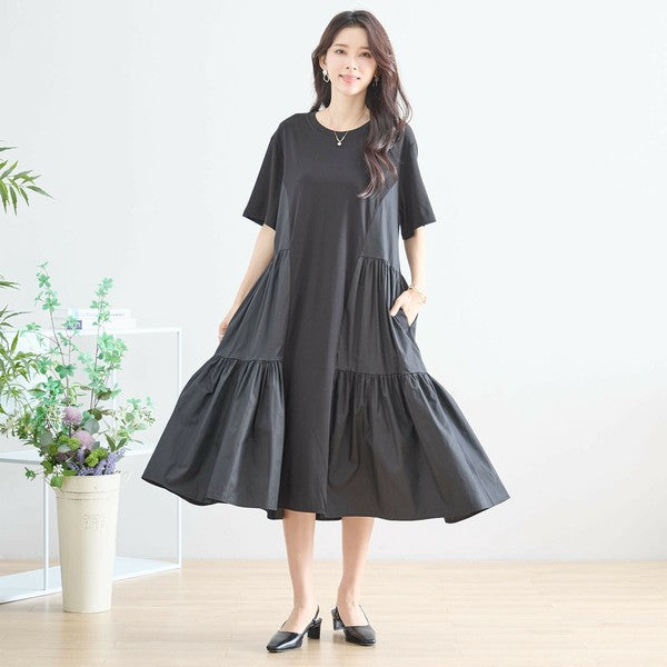 【M〜L】異素材ティアード切替フレアワンピース｜立体シルエット＆ゆったり体型カバー（N82-344）