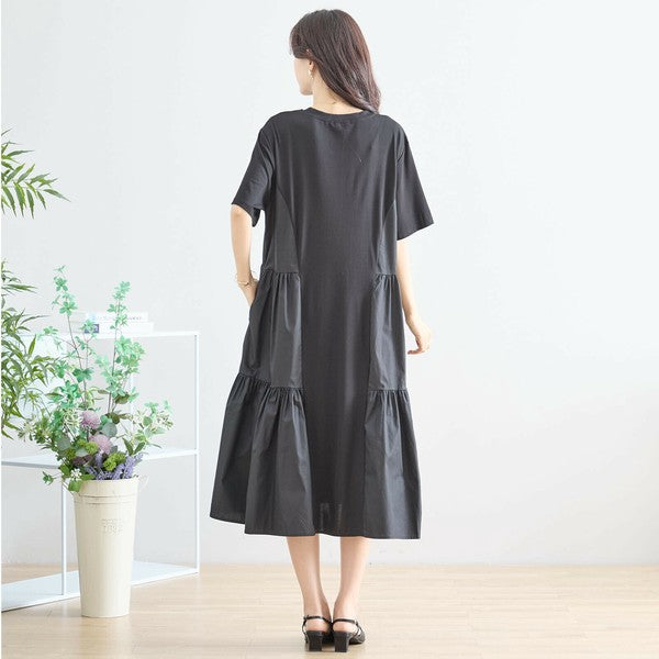 【M〜L】異素材ティアード切替フレアワンピース｜立体シルエット＆ゆったり体型カバー（N82-344）