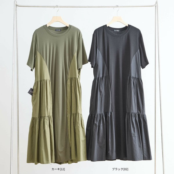 【M〜L】異素材ティアード切替フレアワンピース｜立体シルエット＆ゆったり体型カバー（N82-344）