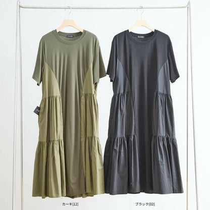 【M〜L】異素材ティアード切替フレアワンピース｜立体シルエット＆ゆったり体型カバー（N82-344）