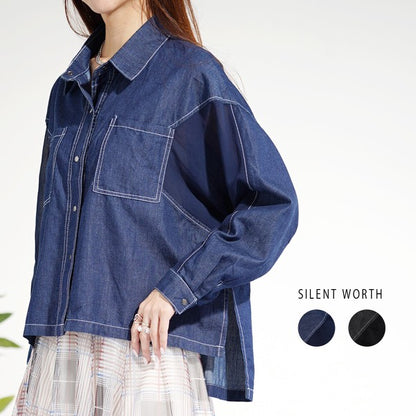 【M】デニム×シアー切替ビッグシャツ 異素材ドッキング ステッチ ライトアウター モード SILENT WORTH