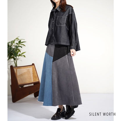 【M】デニム×シアー切替ビッグシャツ 異素材ドッキング ステッチ ライトアウター モード SILENT WORTH