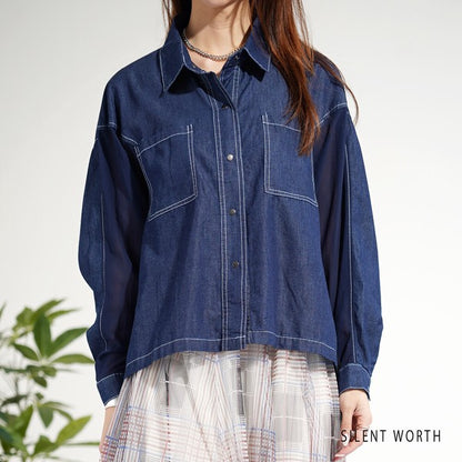 【M】デニム×シアー切替ビッグシャツ 異素材ドッキング ステッチ ライトアウター モード SILENT WORTH