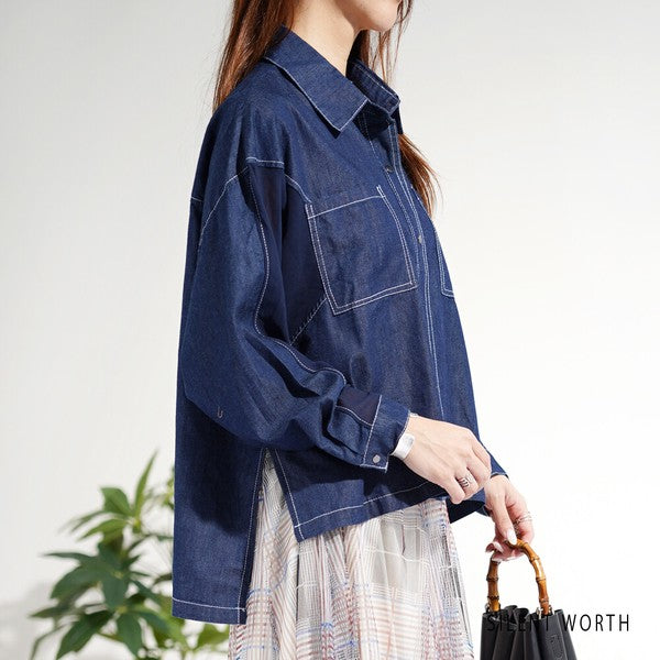 【M】デニム×シアー切替ビッグシャツ 異素材ドッキング ステッチ ライトアウター モード SILENT WORTH