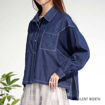 【M】デニム×シアー切替ビッグシャツ 異素材ドッキング ステッチ ライトアウター モード SILENT WORTH