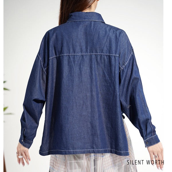 【M】デニム×シアー切替ビッグシャツ 異素材ドッキング ステッチ ライトアウター モード SILENT WORTH