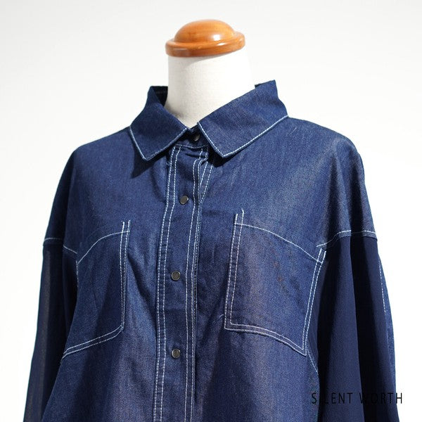 【M】デニム×シアー切替ビッグシャツ 異素材ドッキング ステッチ ライトアウター モード SILENT WORTH