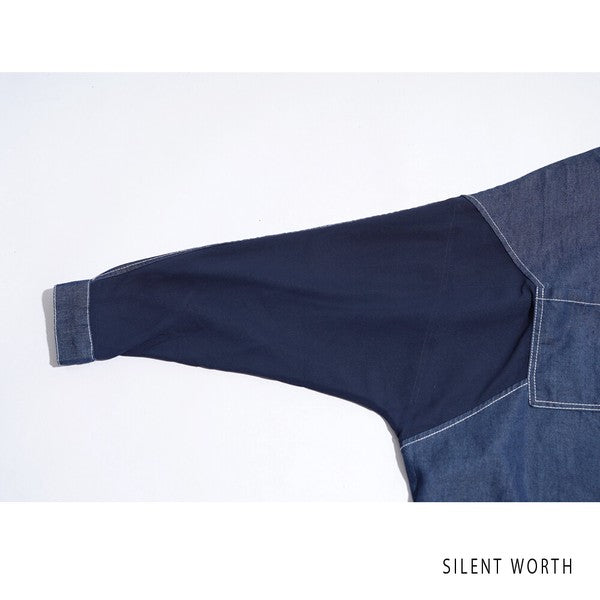 【M】デニム×シアー切替ビッグシャツ 異素材ドッキング ステッチ ライトアウター モード SILENT WORTH