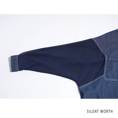 【M】デニム×シアー切替ビッグシャツ 異素材ドッキング ステッチ ライトアウター モード SILENT WORTH