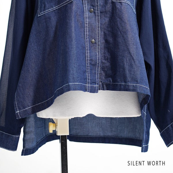 【M】デニム×シアー切替ビッグシャツ 異素材ドッキング ステッチ ライトアウター モード SILENT WORTH