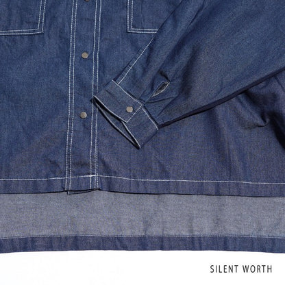 【M】デニム×シアー切替ビッグシャツ 異素材ドッキング ステッチ ライトアウター モード SILENT WORTH