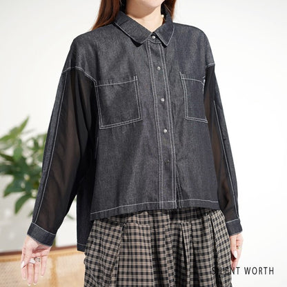 【M】デニム×シアー切替ビッグシャツ 異素材ドッキング ステッチ ライトアウター モード SILENT WORTH