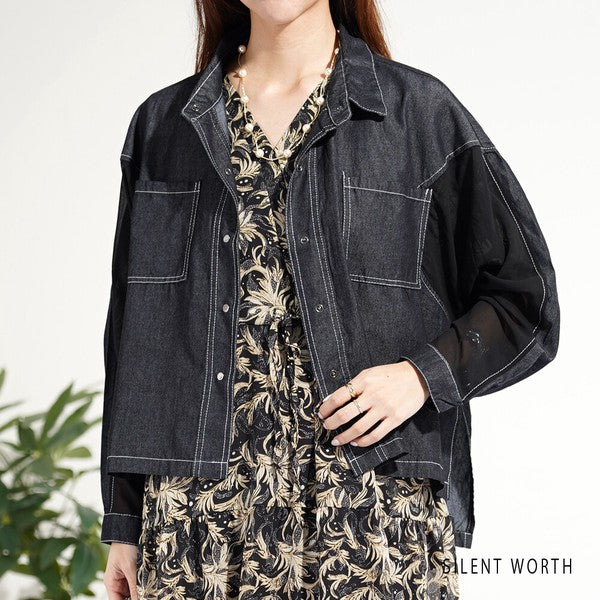 【M】デニム×シアー切替ビッグシャツ 異素材ドッキング ステッチ ライトアウター モード SILENT WORTH
