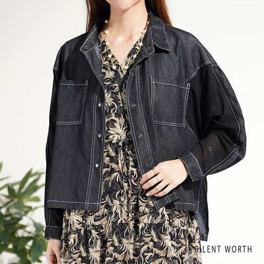【M】デニム×シアー切替ビッグシャツ 異素材ドッキング ステッチ ライトアウター モード SILENT WORTH