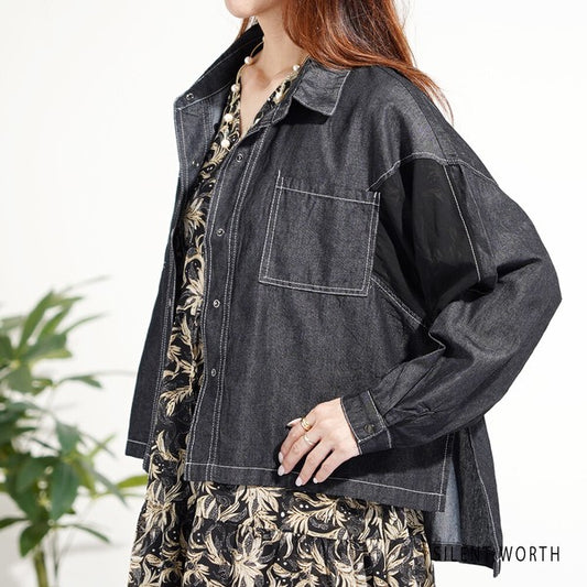 【M】デニム×シアー切替ビッグシャツ 異素材ドッキング ステッチ ライトアウター モード SILENT WORTH