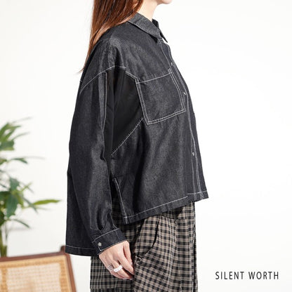 【M】デニム×シアー切替ビッグシャツ 異素材ドッキング ステッチ ライトアウター モード SILENT WORTH