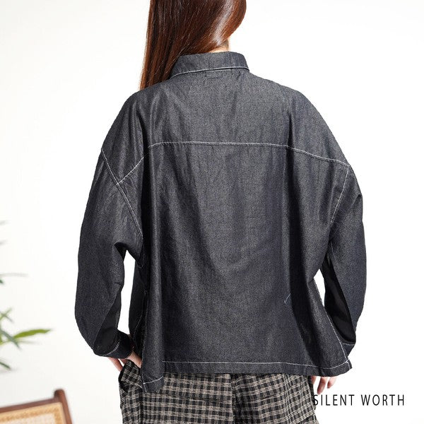 【M】デニム×シアー切替ビッグシャツ 異素材ドッキング ステッチ ライトアウター モード SILENT WORTH