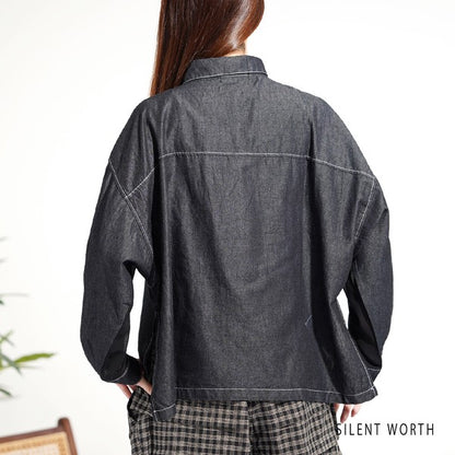 【M】デニム×シアー切替ビッグシャツ 異素材ドッキング ステッチ ライトアウター モード SILENT WORTH