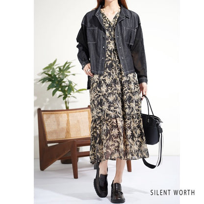 【M】デニム×シアー切替ビッグシャツ 異素材ドッキング ステッチ ライトアウター モード SILENT WORTH