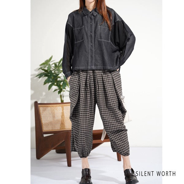 【M】デニム×シアー切替ビッグシャツ 異素材ドッキング ステッチ ライトアウター モード SILENT WORTH