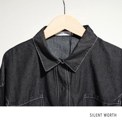 【M】デニム×シアー切替ビッグシャツ 異素材ドッキング ステッチ ライトアウター モード SILENT WORTH