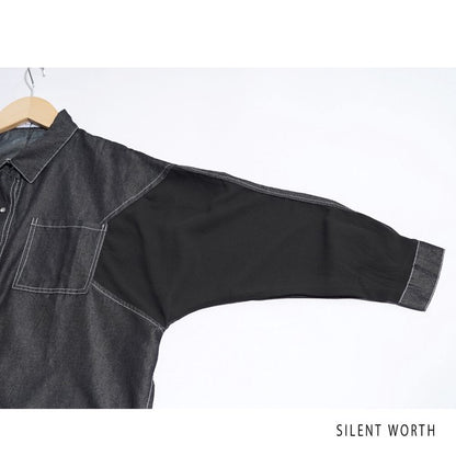 【M】デニム×シアー切替ビッグシャツ 異素材ドッキング ステッチ ライトアウター モード SILENT WORTH