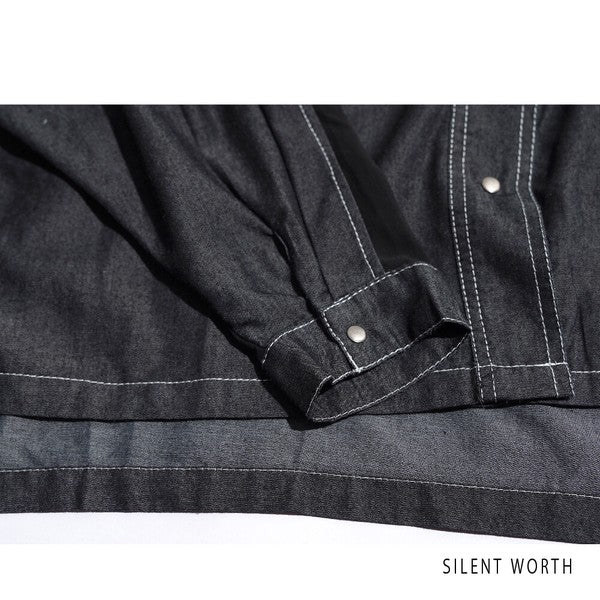 【M】デニム×シアー切替ビッグシャツ 異素材ドッキング ステッチ ライトアウター モード SILENT WORTH