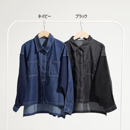 【M】デニム×シアー切替ビッグシャツ 異素材ドッキング ステッチ ライトアウター モード SILENT WORTH